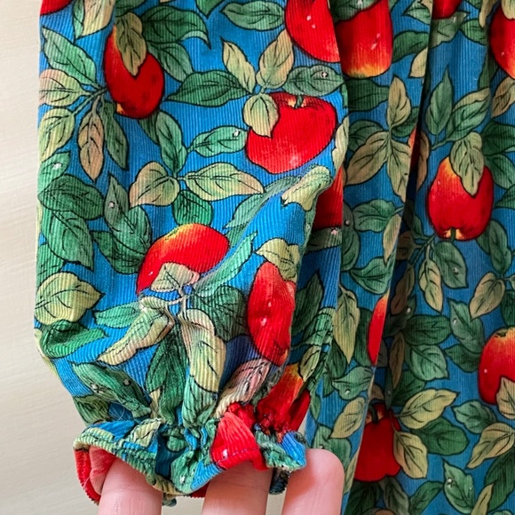 Vintage Corduroy Dress Apples Long Puff Sleeve Peter Pan Collar size 4 Holiday - Picture 8 of 13